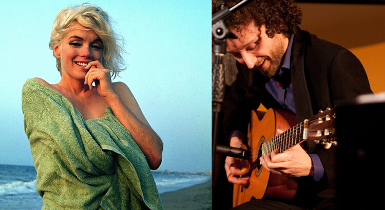 Immagine decorativa per lo spettacolo teatrale del 27 e 28/01/2024. Foto di Marilyn Monroe, nella parte sinistra, foto di Matteo De Angelis mentre suona la chitarra, nella parte destra